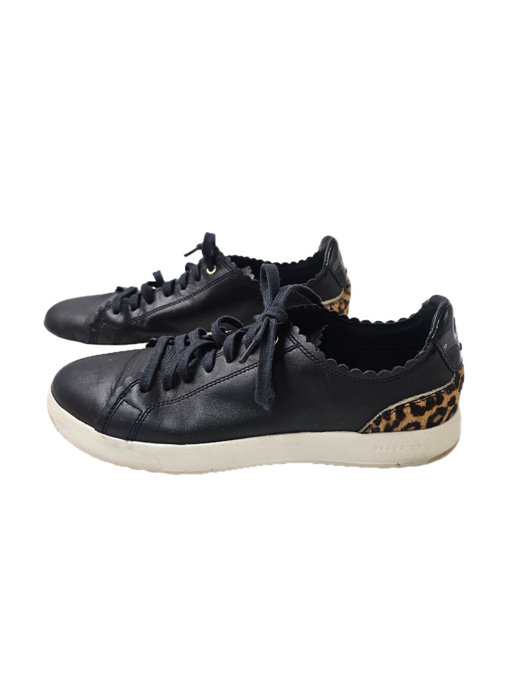 Cole Haan Grand Crosscourt Scallop Black Leather Leopard Sneakers 8B W20673
